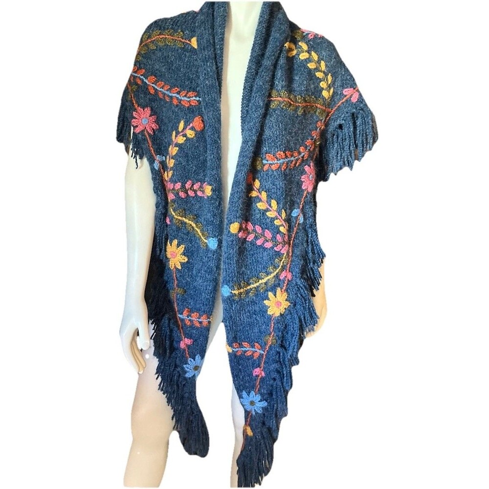 Peruvian Traders Blue Multi Floral Knit Shawl NWT